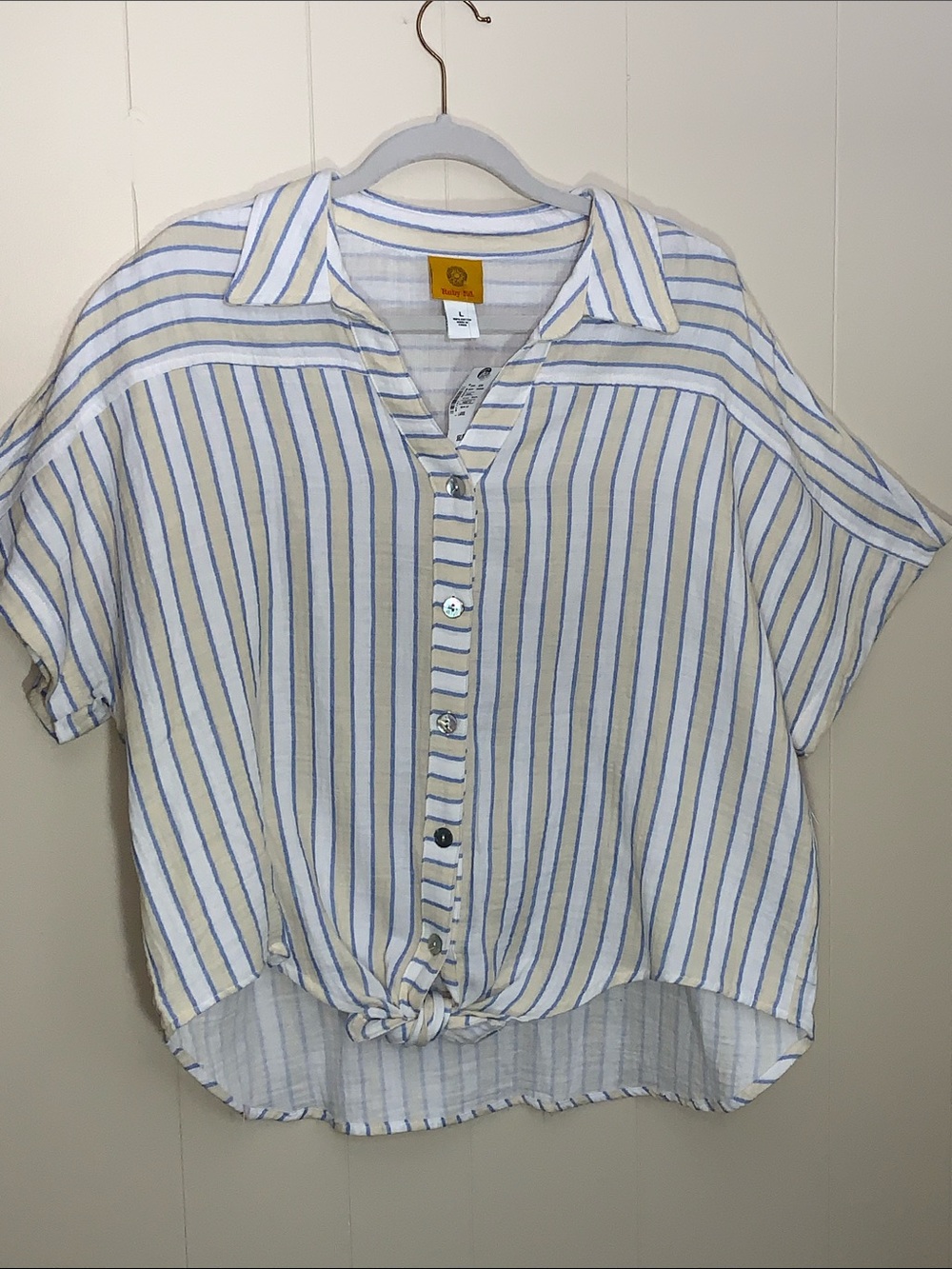 Ruby Rd. White Top with Blue and Cream Vertical Stripes
